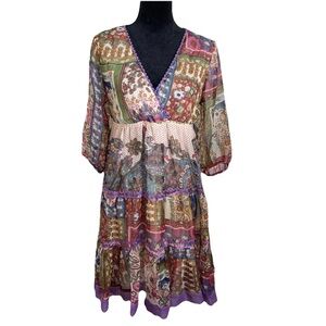 Dimri Babydoll Dress Womens L Patchwork Chiffon Beaded Boho Ruffle Fairy Cottage